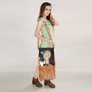 Sac à bandoulière léger en cuir de vachette occidental, design cactus ciselé, franges, sac à main bohème pour femme - Product Image 6