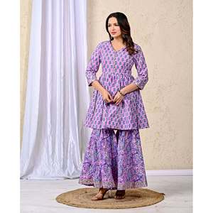 ชุดชาราร่าผ้าฝ้ายพิมพ์ลายสีม่วงสำหรับผู้หญิง ชุดลำลองสำหรับผู้หญิงพร้อมเสื้อแขนสามส่วน - Product Image 4