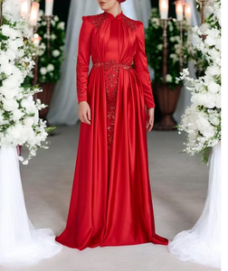 Robes de soirée en mousseline de soie Noble robe de soirée en mousseline de soie à couches silhouette à manches longues embellie à la main avec les robes de soirée à col rond - Product Image 1