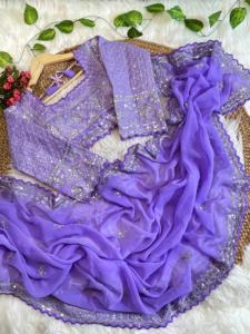 Colección de alta calidad Faux Georgette Saree & Blouse Secuencia Bordado Trabajo Fabricación de Surat al precio más bajo para la venta - Product Image 6