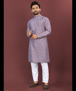 Pijama de tendencia Kurta para hombre en algodón Khadi con botón y cadena para boda o ropa informal - Product Image 4