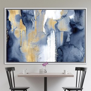 Impression sur toile abstraite moderne bleu marine et or - Art mural contemporain, 1P : encadré blanc - Product Image 1