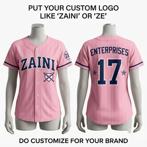 เสื้อเบสบอลโพลีเอสเตอร์ระบายความชื้นระดับพรีเมียม 160 GSM สีชมพูลายทาง พร้อมบริการสกรีนแบบซับลิเมชั่นสำหรับทีม - Product Image 1