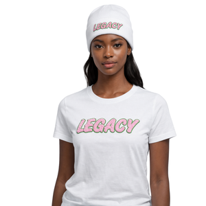White Legacy Beanie <b>Hat</b> Greek Sorority Womens Pink & Green College Sisterhood <b>Winter</b> Knit Soror Apparel - Product Image 1