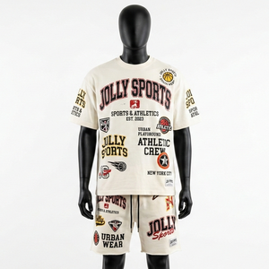 Ensemble t-shirt et short en jersey de coton premium 200 GSM pour homme, couleur crème, avec logo personnalisé imprimé, ensemble de jogging pour homme - Product Image 5