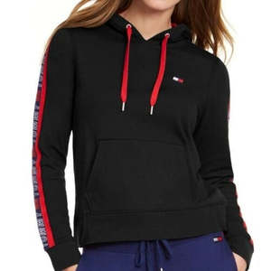 Felpa con cappuccio sportiva nera da donna Tommy Hilfiger, in maglia di seta traspirante, crop top ricamato, taglia S - Product Image 1