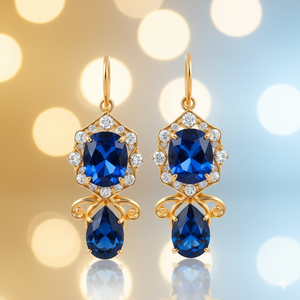 ต่างหูห้อยทรงหยดน้ำพลอยสีน้ำเงิน 4.5 นิ้ว 10 กรัม รูปทรงแปดเหลี่ยมและทรงหยดน้ำ ประดับด้วยเพชร CZ เงินแท้ 925 ชุบทอง 18K ของขวัญสำหรับเธอ - Product Image 1