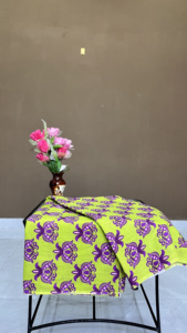Lime Green Cotton <b>Fabric</b>: <b>Purple</b> Floral Block Print - Handprinted <b>Fabric</b> By Yard - Product Image 3