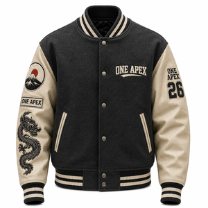 Blouson universitaire premium en cuir crème noir avec corps en laine et patchs brodés, style bomber, streetwear universitaire, personnalisable OEM ODM - Product Image 1