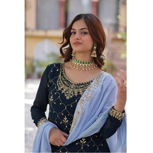 Nueva llegada Premium Georgette Indian Pakistani Suit Kurti Plazzo Dupatta Modest Party Style con Faux Blooming Printed - Product Image 1