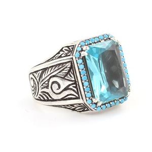 925 Sterling Silver Rectangular Aquamarine Stone Men's <b>Ring</b> Geometric Fine Jewelry for Everyday Wear Oval Cut Platinum GRS - Product Image 3