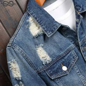 <b>Mens</b> Distressed Button Front Denim <b>Jacket</b> Pocket Ripped Design Single Breasted Regular Sleeve Casual Medium Wash <b>Long</b> Sleeve - Product Image 3