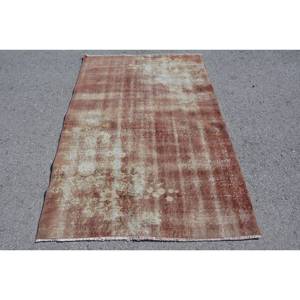 Tapis turc vintage de 4x6 pieds, tapis en laine tressée marron et beige avec support en latex pour décorations de salon - Product Image 1