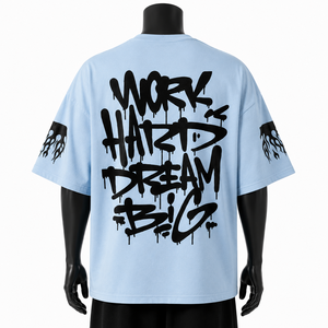 เสื้อยืดโอเวอร์ไซส์สีฟ้าอ่อนสำหรับผู้ชาย แขนสั้น คอกลม สไตล์สตรีท ผ้าคอตตอนเจอร์ซีย์ พิมพ์ลายกราฟิก - Product Image 2