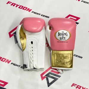 Professional Real Leather No Boxing No Life Golden/Pink/White Lace Up Boxing Gloves <b>Foam</b> <b>Padding</b> Premium Fighting Gloves - Product Image 1