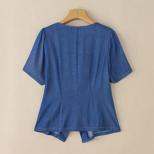 "2025 Fashion Summer Denim Shirts Women's Bow <b>Tie</b> Tops Short Sleeve Square Neck Elegant Office Lady Blouse Solid Tunic Tops" - Product Image 2