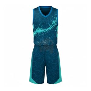 Uniforme de Baloncesto Personalizado con Estampado de Olas de Agua, Sublimado, de Secado Rápido, Transpirable, de Malla, Conjunto de Camiseta y Pantalones Cortos para Hombre y Jóvenes - Product Image 1