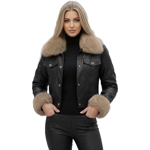 Veste en cuir d'agneau véritable pour femme avec fourrure de chèvre d'origine à l'intérieur, vêtement d'extérieur chaud et élégant pour l'hiver - Product Image 1