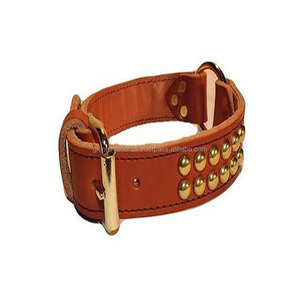 Collar de cuero para perro hecho en la India, primera calidad, con 2 filas de remaches chapados en latón y hebilla de pin de rodillo único - Product Image 4