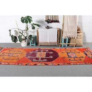 Turkish Vintage Herki <b>Runner</b> Rug 2.9x10.8 ft, <b>Red</b> Patchwork Rug Wool - Product Image 3