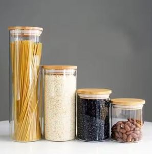 เหยือกแก้วเครื่องเทศสำหรับใส่ชากาแฟแบบสุญญากาศทรงกลมจัดระเบียบในครัวขวดแก้วสำหรับเก็บอาหารที่ปิดสนิทพร้อมฝาไม้ไผ่ (set4) - Product Image 1