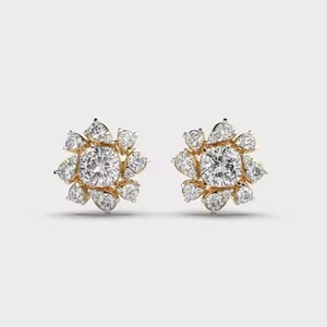 Boucles d'oreilles en or massif en forme de fleur, diamant de laboratoire taille ronde, prêtes à être expédiées par un fabricant indien - Product Image 1