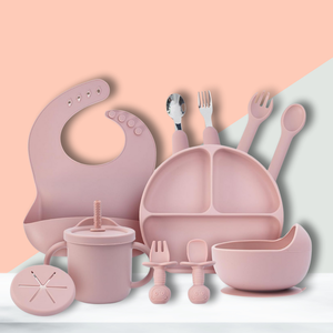 Durable <b>Silicone</b> Baby Feeding Set Suction Plate Bowl Utensils And <b>Bib</b> Dishwasher Safe For Easy Feeding - Product Image 2