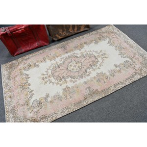 พรมตุรกี, พรมวินเทจขนาด 3.7x6.6 ฟุต, พรมขนสัตว์ลายทางสีขาวชมพู - Product Image 2