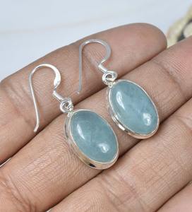 Boucles d'oreilles fines de forme ovale aigue-marine 925 boucles d'oreilles en argent Sterling massif pour femmes filles boucles d'oreilles pendantes bijoux en argent - Product Image 2