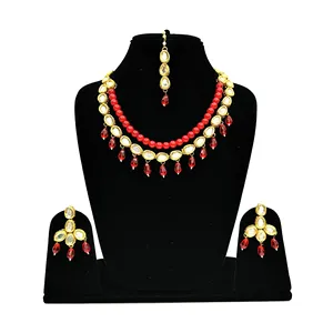 Ensemble de bijoux Kundan en perles rouges, plaqué or vintage, avec diamants, pour femmes, pour mariage, fête ou cadeau - Product Image 1