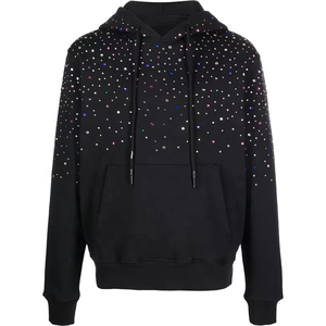 Pull à capuche en coton tricoté épais 100 %, imprimé strass, broderie 3D, motif pailleté, grande taille, couleur unie, écologique - Product Image 1
