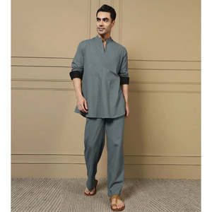 Ensemble Kurta et pantalon en coton gris uni pour homme Amanush, manches longues, col mandarin, tenue décontractée d'été, ensemble coordonné 2 pièces - Product Image 6