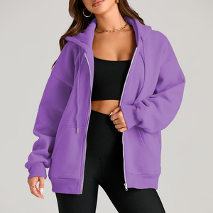 Sudadera con capucha informal de mujer de talla grande personalizada con cremallera completa y capucha corta, sudaderas de invierno con bolsillos delanteros - Product Image 1