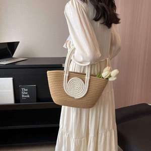New Style Woven Tote Bag High-End Simple Handbag Straw Cotton Yarn Woven Open Closure Versatile Women's Bag - Product Image 3