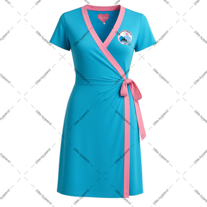 Custom Jack and Jill of America <b>Wrap</b> Dress Light Blue & <b>Pink</b>, Polyester Midi Length Adjustable Tie Waist - Product Image 1