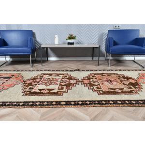 3.8x11.2 ft Vintage Runner Rug Turkish <b>Brown</b> Patchwork <b>Wool</b> Rug with Eco-Friendly Latex Backing - Product Image 4