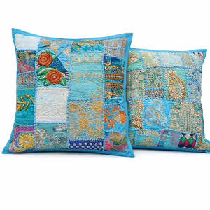 Fundas de Almohada Decorativas con Parches Magnéticos a Rayas Bordados a Mano en Tela Reciclada, Estilo Vintage Kantha Boho para Decoración del Hogar - Product Image 1