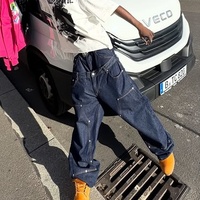 Pantalon en denim vintage taille moyenne bleu pour hommes, jean baggy à jambe droite, jean régulier en coton de haute qualité
