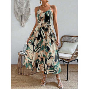 Robe longue à bretelles et col en V pour femme, ceinturée, à motifs, modèle Supreme, 36419 - Beige - Product Image 2