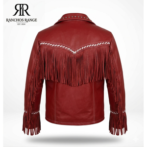 Crimson <b>Western</b> Fringe Satin Leather <b>Jacket</b>-Custom Logo Fur & Stripe Trim Solid Pattern - Product Image 3