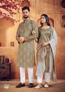 Most Selling Heavy Jacquard <b>Silk</b> With Weaving Jacquard Butti with Sequence Couple Kurta Set With Dupatta - Product Image 4