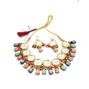 Multicolor Kundan Necklace Set with <b>Earrings</b> Beaded and <b>Studded</b> Gold Plated Fine Bridal Jewelry for Ladies for Wedding - Product Image 2
