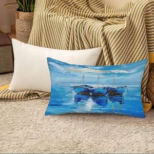 Coussin imprimé moderne avec bateaux et paysage marin abstrait bleu, 20"x36" ou 50x90 cm - Product Image 5