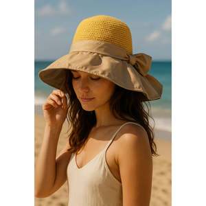 หมวกฟางกว้างถักมือพร้อมผ้าลายคาเมลและรายละเอียดงานถัก HSR2111 - camel2111 - Product Image 1