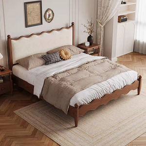 Traditional Solid Oak <b>Platform</b> <b>Bed</b> Queen Size with Soft Upholstered Headboard and Wooden <b>Frame</b> - Product Image 1