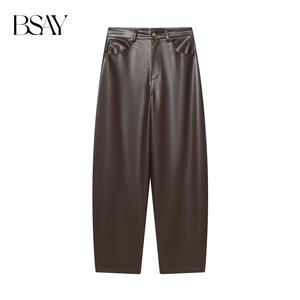 BSAY Balloon Style faux leather pants <b>Women</b> Fashion Autumn Winter New brown Pocket Chic Female Elastic High Waist <b>Trousers</b> - Product Image 1
