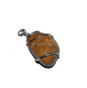 Venta al por mayor artesanía curativa natural pulida caída amarillo jaspe colgante alambre envoltura cristal encantos para joyería - Product Image 1