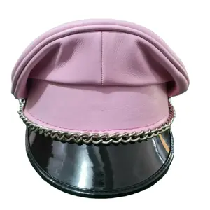 Pink Real Leather Biker Peaked Muir Gay Chain Cap Party Fetish Hat Men BDSM