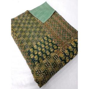 Handmade Indian Reversible Kantha Quilt Block Print Floral Embroidered Pattern Cotton Blanket Throw Bohemian <b>Style</b> Machine Home - Product Image 1