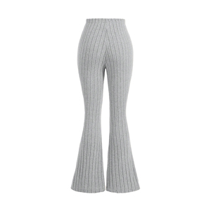 High Waist Knitted Flare <b>Pants</b> Solid Color Women's Casual Autumn Full Length Elastic Waist Ribbed Design Black Pink Gray - Product Image 2